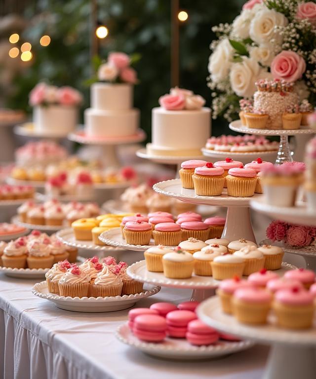 Impresionante mesa de postres en una boda, llena de tartas, cupcakes y macarons.