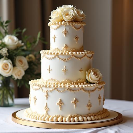 Elegante tarta de boda de varios pisos con detalles dorados.