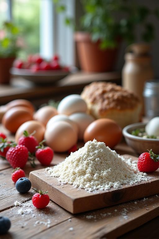 Ingredientes de repostería como huevos, harina y bayas sobre una mesa de madera.